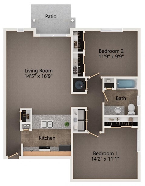 Floor plan for 2 beds, 1 bath, 953 sqft